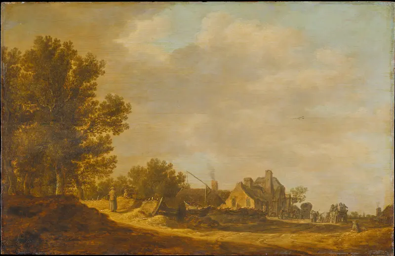 Landscape with Tavern by Jan van Goyen, oil on canvas showing a low-lying tavern in a tranquil setting.