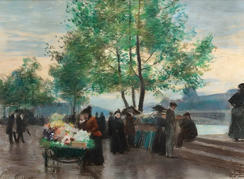 A bustling scene of merchants along the Seine River in Paris.