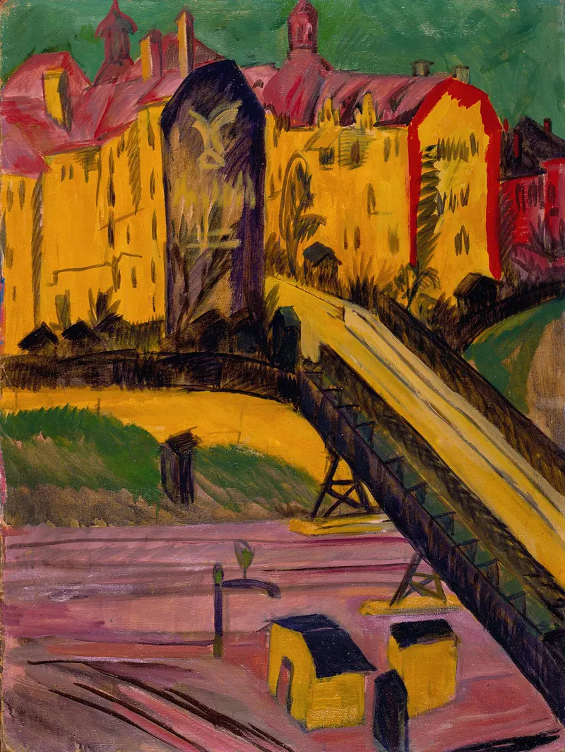 Landscape by Ernst Ludwig Kirchner, featuring rooftops and trees, oil painting
