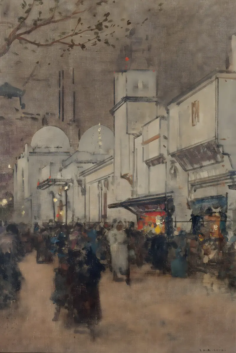 La rue des Nations, à l’Exposition Universelle de 1900 by Luigi Loir, oil painting of a lively crowd.