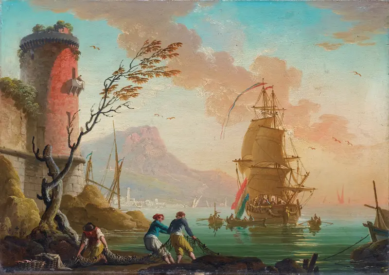 Fishing Scene In A Harbor, oil painting by Charles-François Grenier De Lacroix, featuring a small boat in a tranquil harbor.