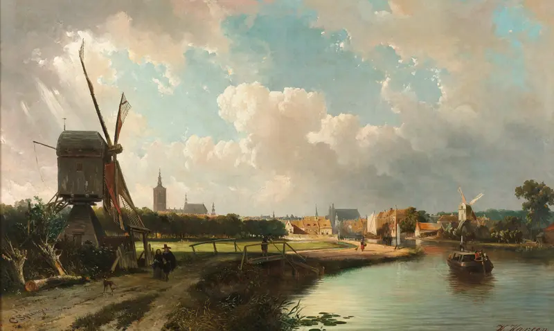 Landscape view of The Hague from Delftse Vaart, oil painting by Cornelis Springer