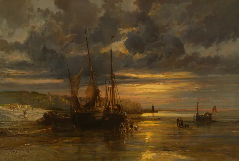 Beached Fishing Boats by Jules Achille Noël, oil on canvas, featuring weathered boats on the shore