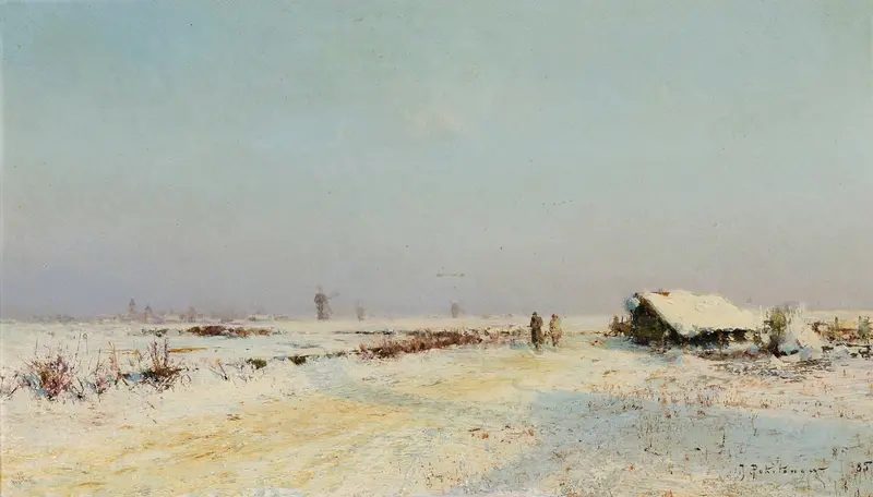 Oil painting by Ivan Pavlovich Pokhitonov depicting two hunters in the snow.
