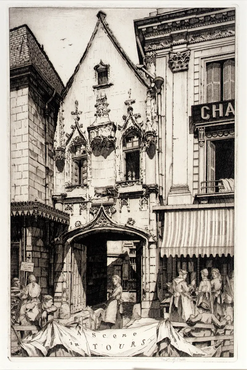 A Scene in Tours by Frederick G. Hall, oil on canvas depicting figures dancing under sunlight.