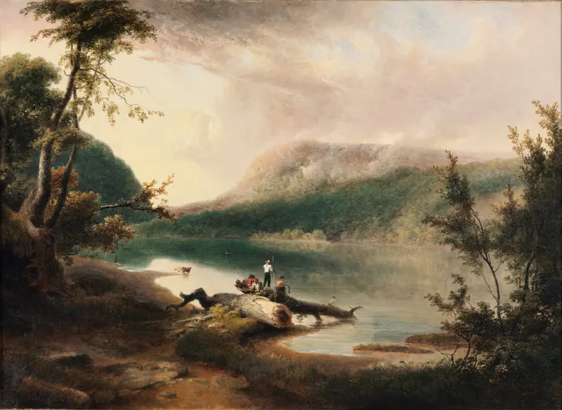 Delaware Water Gap by Thomas Doughty, oil painting of a river winding through a lush valley.