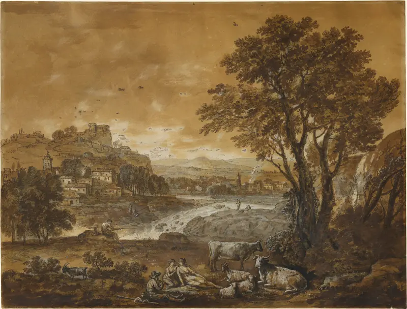 A landscape with shepherds resting under a tree by a cascade, oil on canvas by Francesco Zuccarelli.