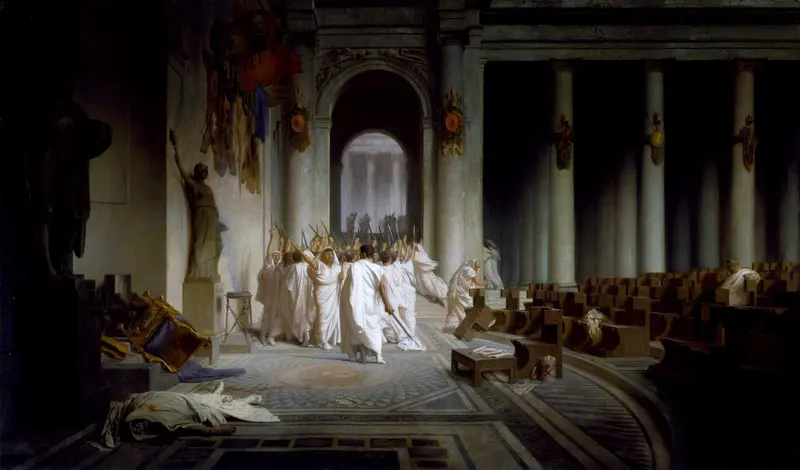 A dramatic depiction of Julius Caesar's assassination.