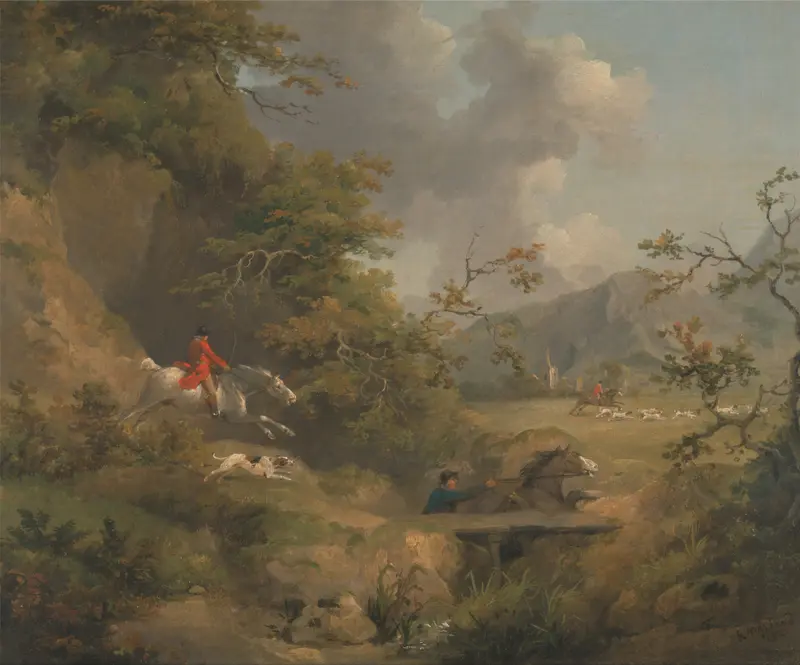 Foxhunting in Hilly Country, oil on canvas by George Morland depicting horses and hounds in a hilly landscape.