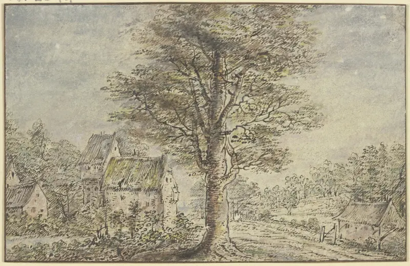 Landscape oil on panel by Lucas van Uden depicting a village with a central tree.