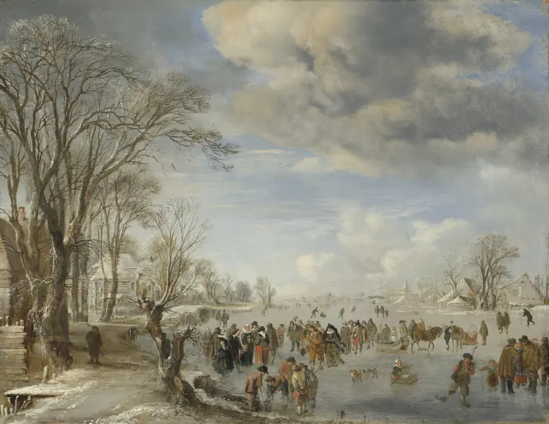 Winter in Holland – Skating Scene by Aert van der Neer, oil painting depicting skaters on ice.