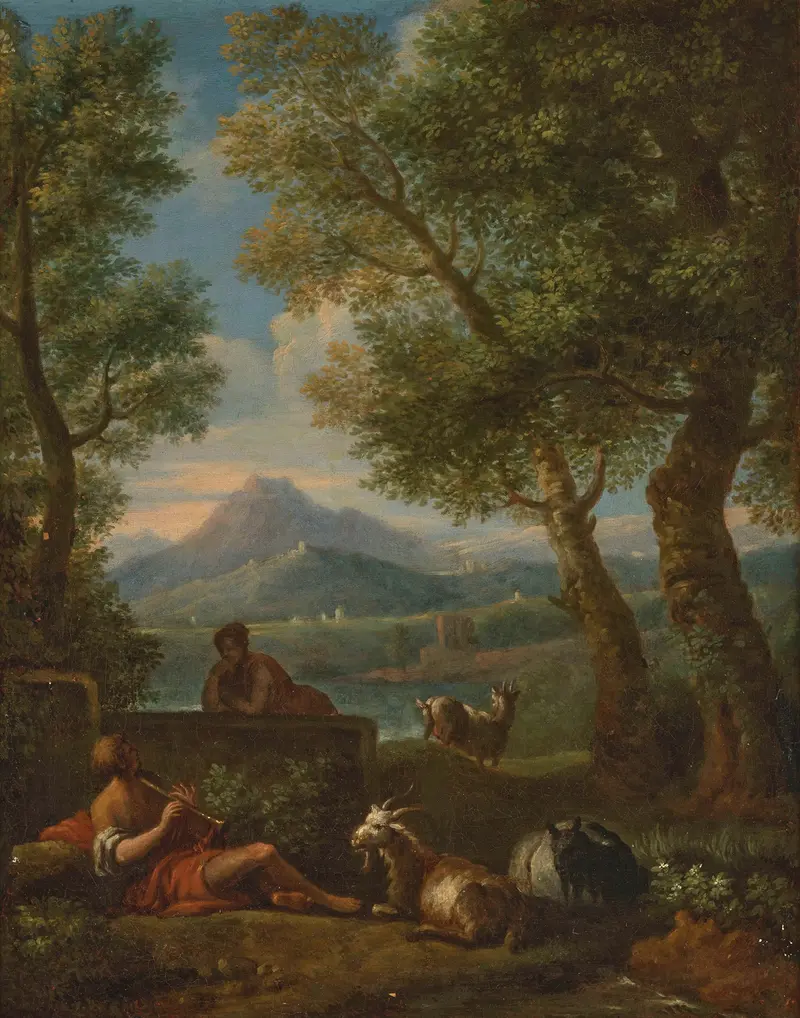 Pastoral landscape oil painting by Jan Frans Van Bloemen featuring rolling hills and lush greenery.