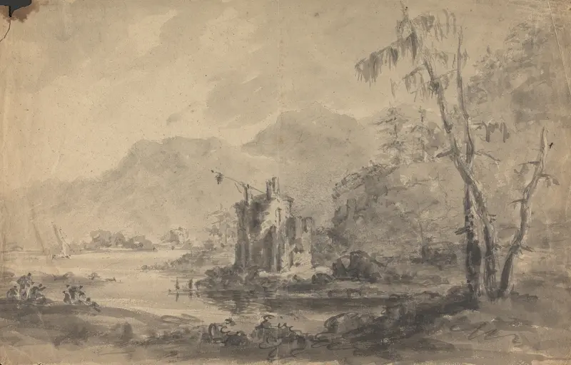 River landscape with castles at twilight, oil on canvas by William Gilpin