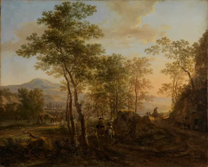 Italienische Landschaft am Abend by Jan Both, oil painting depicting hills and a golden sunset.