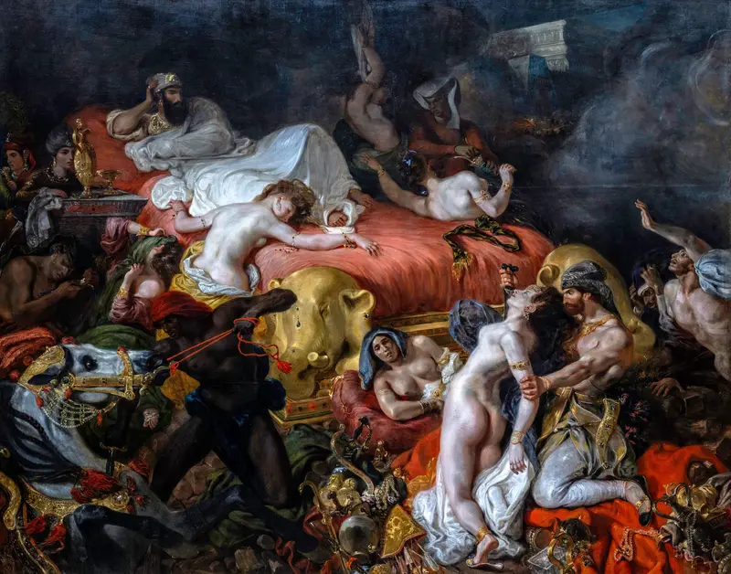 A man in white robes reclines on a red-draped bed with golden elephant heads, surrounded by scattered treasures and figures amid turmoil.