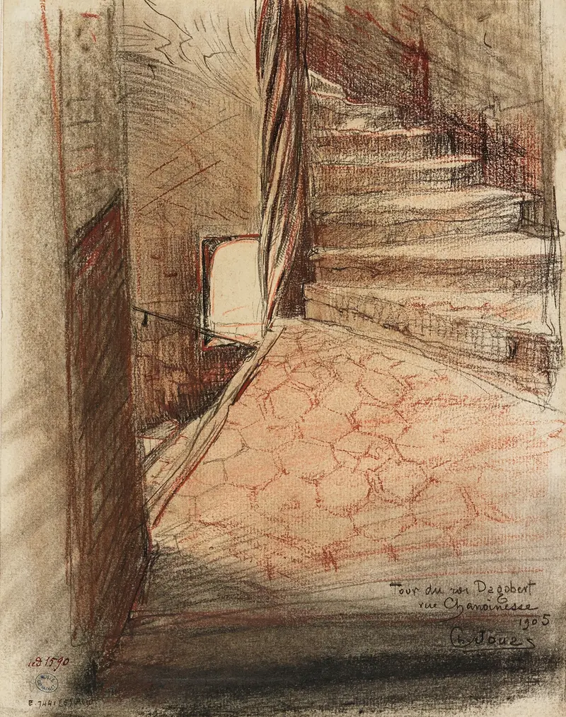 Interior scene of a stairway by Charles Jouas, featuring light and shadow.