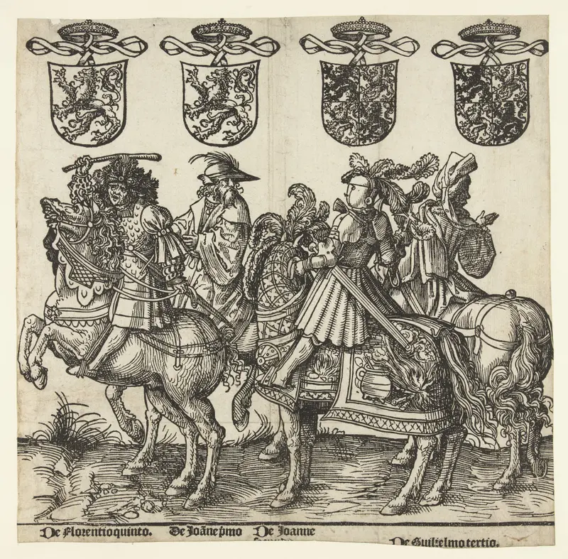Portrait of Floris V, Jan I, Jan II, and Willem III, paper by Jacob Cornelisz van Oostsanen