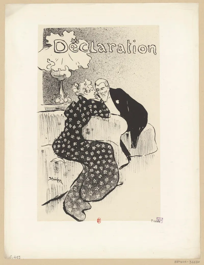 A woman in a floral dress leans forward on a divan while a man in formal attire bends in, illuminated by a glowing lamp.