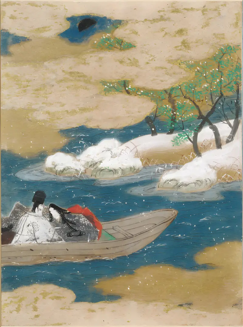 Ukiyo-e by Tosa Mitsunobu depicting a boat on tranquil water, gold medium