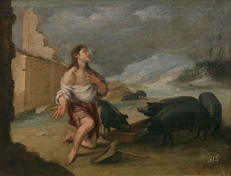 The Prodigal Son kneels among pigs, expressing despair and longing.