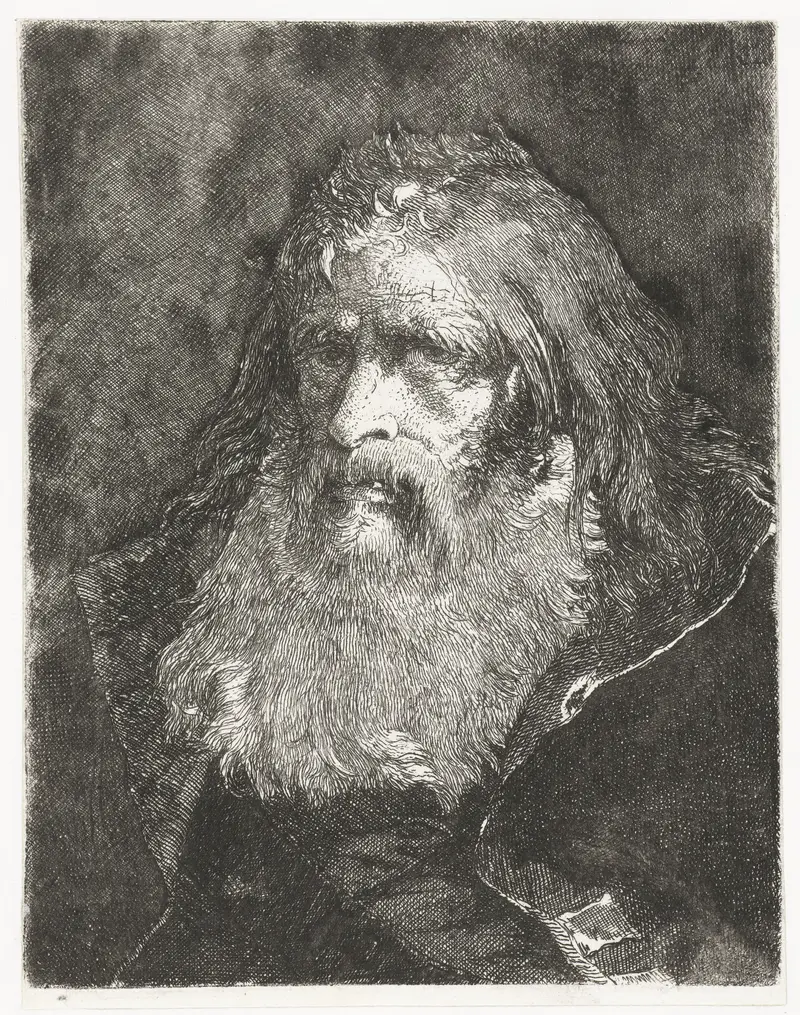 Etching by Giovanni Domenico Tiepolo depicting a man with long hair and light