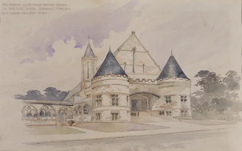 Drawing by Cass Gilbert depicting a figure sketching an armory building in snow