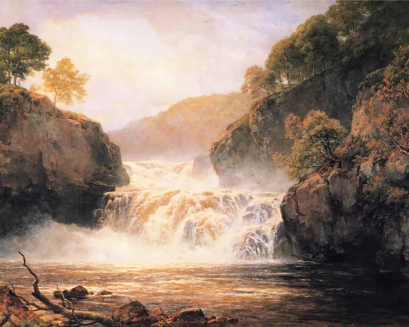 A dramatic depiction of the Falls of the Clyde, showcasing the power of nature through water and light.
