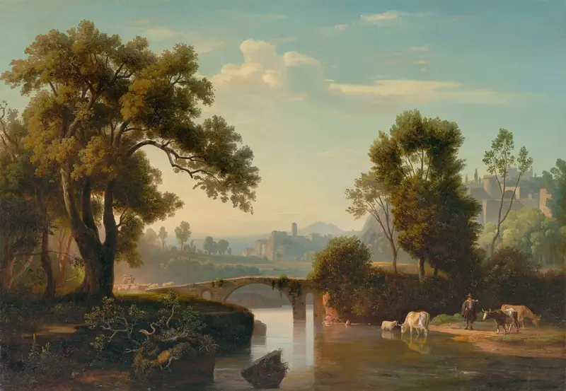 Italienische Landschaft mit Hirten by Johann Wilhelm Schirmer, oil painting depicting rolling hills and a soft sky.