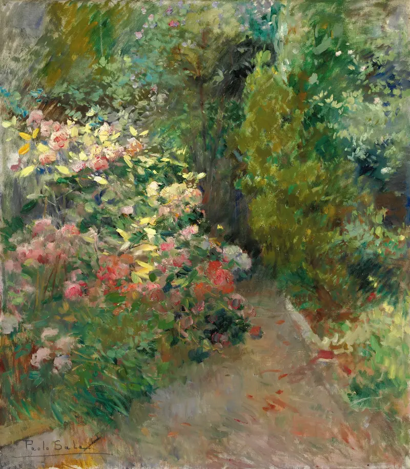 Botanical scene featuring flowers in a garden by Paolo Sala, oil painting