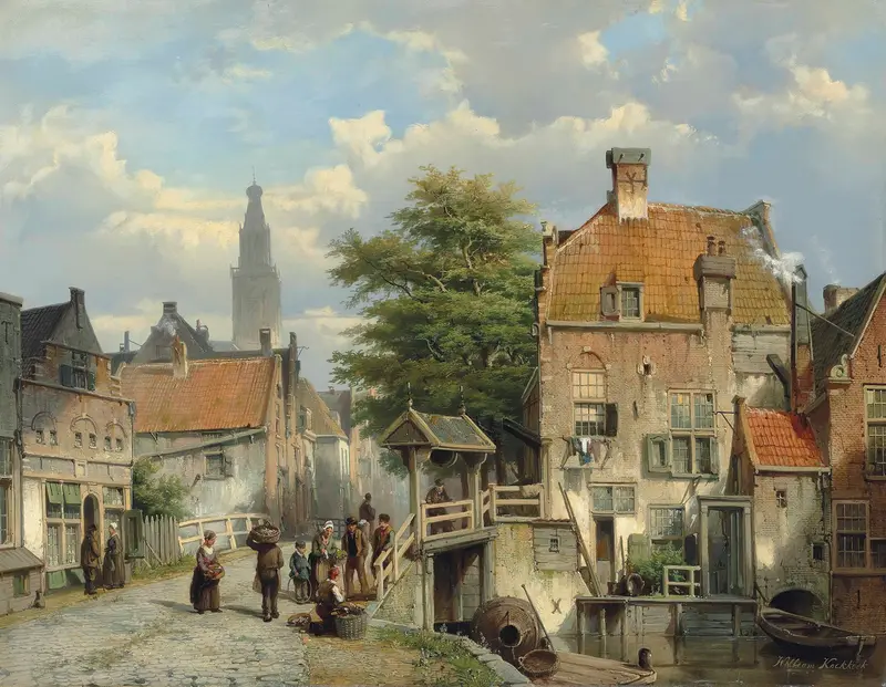 Figures on a bridge by a canal, oil on canvas by Willem Koekkoek