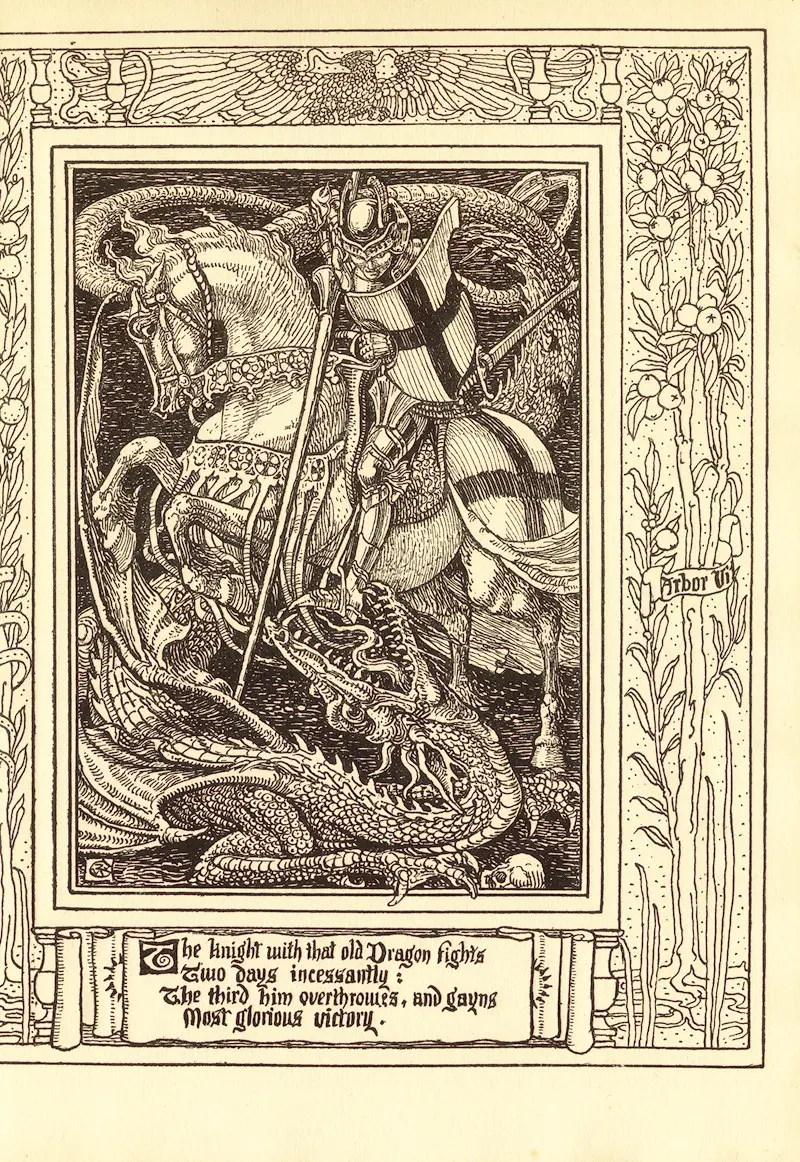 This artwork depicts a scene from Spenser's Faerie Queene, showcasing intricate details and vibrant colors.