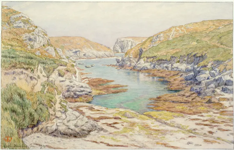 Marine scene by Henri Rivière, depicting waves and a serene shoreline, oil painting, 1910