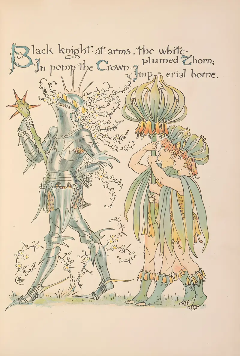 Walter Crane's 'Flora’s feast; A masque of flowers Pl.13' features a vibrant display of flowers.