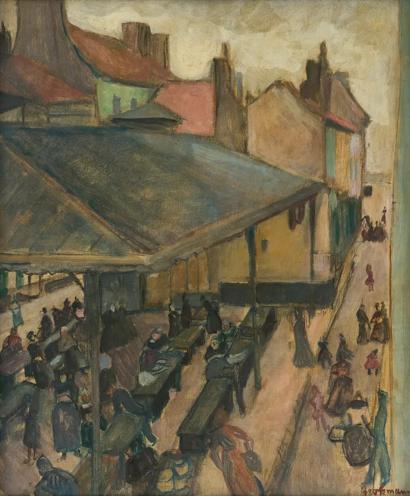 Ostend Fish Market by Rudolf Grossmann, realism, depicting a bustling fish market with figures and fish.