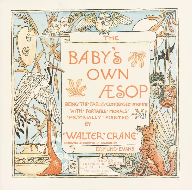 Walter Crane's 'Baby’s own Aesop' features whimsical illustrations of fables for children.