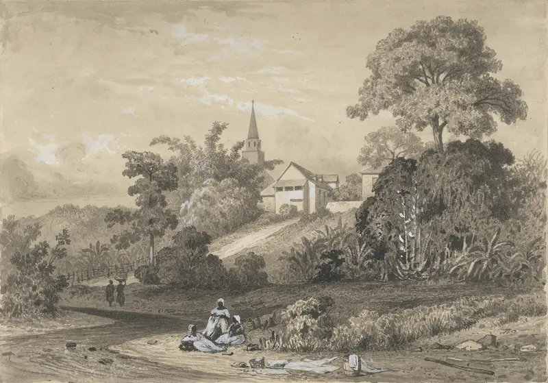 River Side, St. Joseph by Michel Jean Cazabon, oil on canvas depicting a tranquil river landscape.