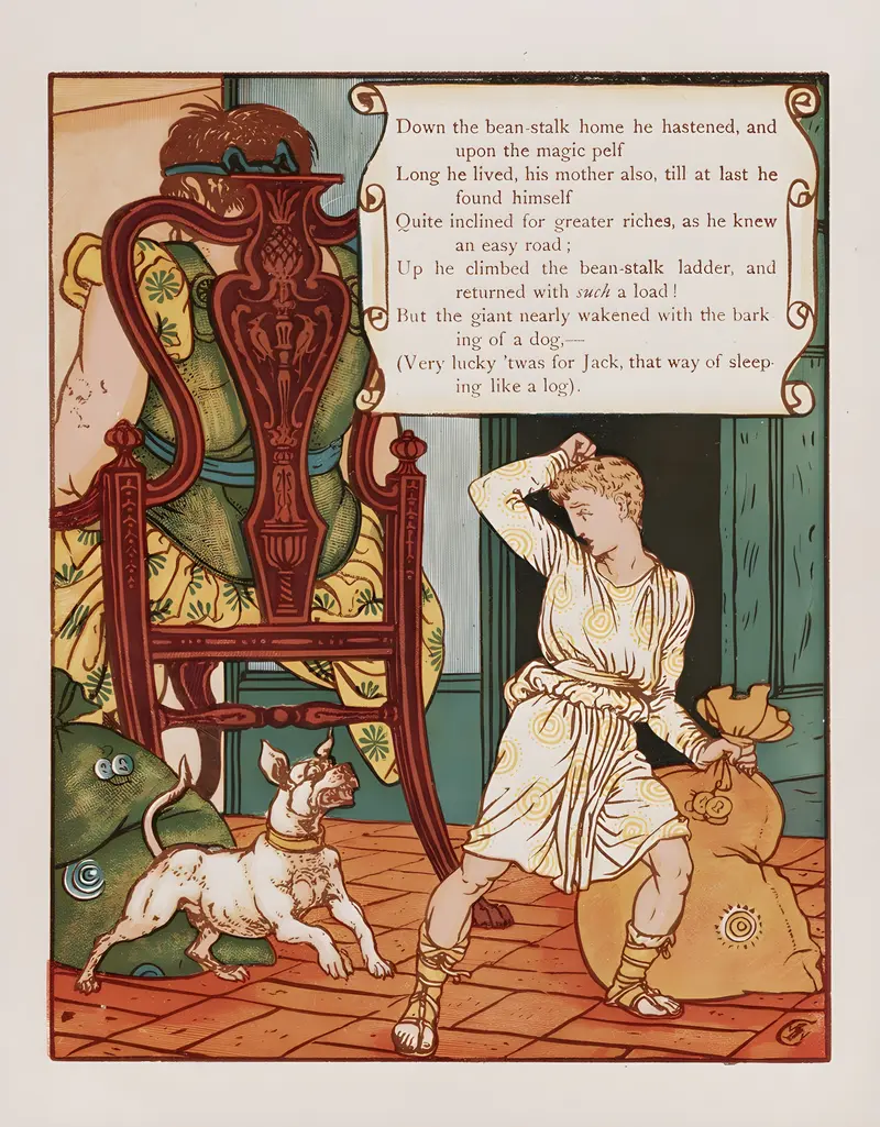 Walter Crane's 'Jack and the bean-stalk Pl.6' illustrates a scene from the classic fairy tale.