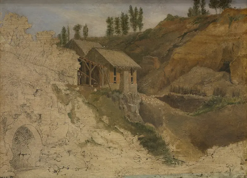 A Quarry by Théodore Rousseau, oil painting depicting a dramatic cliff and lush greenery.
