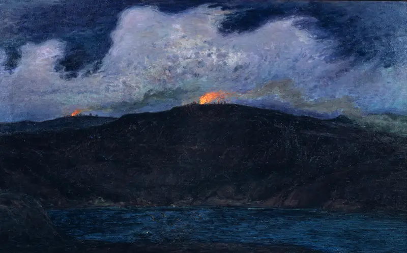 Midsummer Bonfires in Stormy Weather, oil on canvas by Karl Nordström, depicts bonfires under a stormy sky.