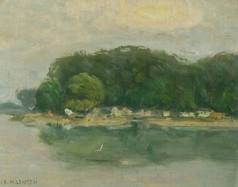 Landscape oil painting by Karol Miloslav Lehotský depicting a river and urban architecture