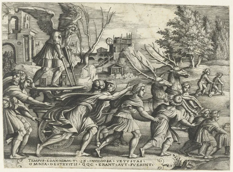 Engraving by Georg Pencz depicting figures in a serene balance of time.