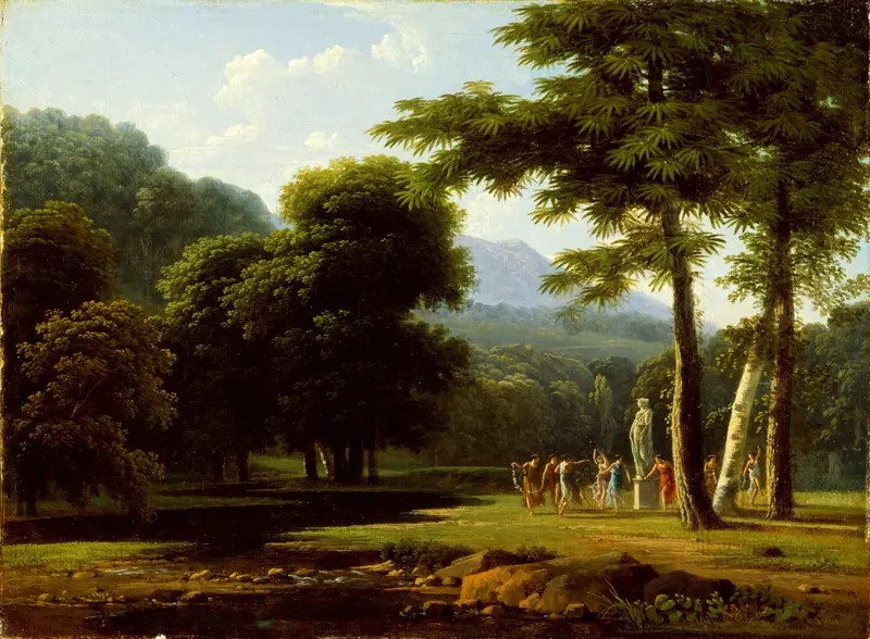 Landscape by Jean-Victor Bertin, oil painting depicting dawn over hills and clouds.