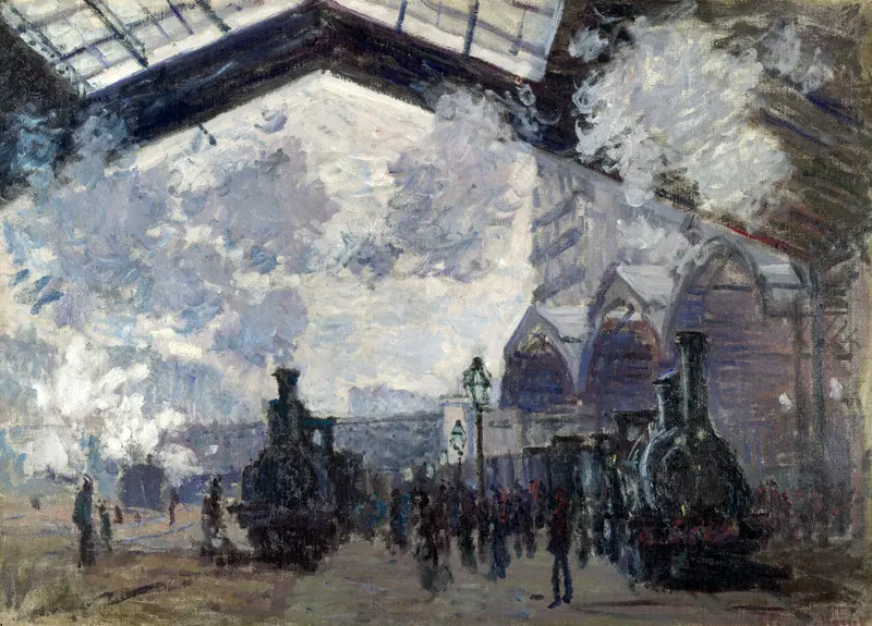 Two steam locomotives stand beneath the iron and glass roof of the Gare Saint-Lazare, surrounded by billowing white and bluish-gray steam and shadowy figures on the station floor.