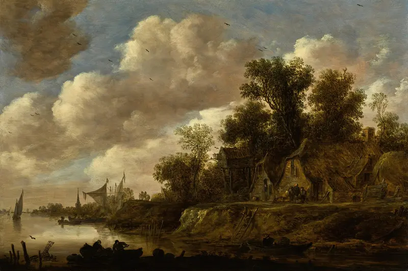 River landscape with farmhouses and a dovecote, oil on canvas by Jan van Goyen