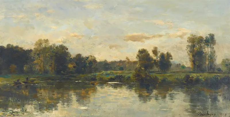 Bords Du Fleuve by Charles François Daubigny, oil painting depicting a river landscape at twilight.