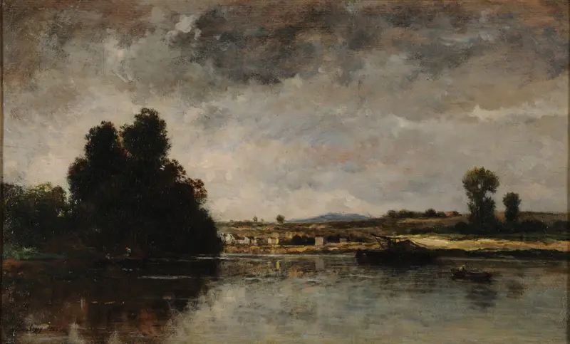Landscape oil painting by Charles François Daubigny depicting stormy clouds and water.
