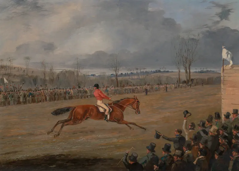 Oil painting by Henry Thomas Alken depicting a victorious horse and jockey in motion.