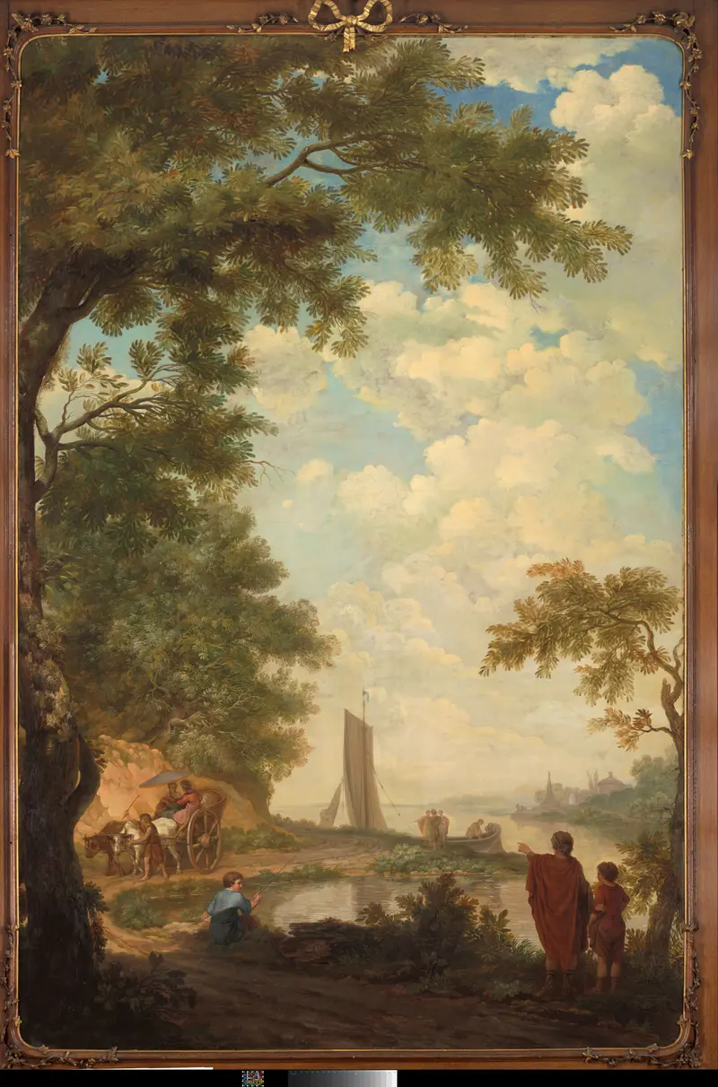 Landscape with figures by a riverbank, oil on canvas by Jurriaan Andriessen