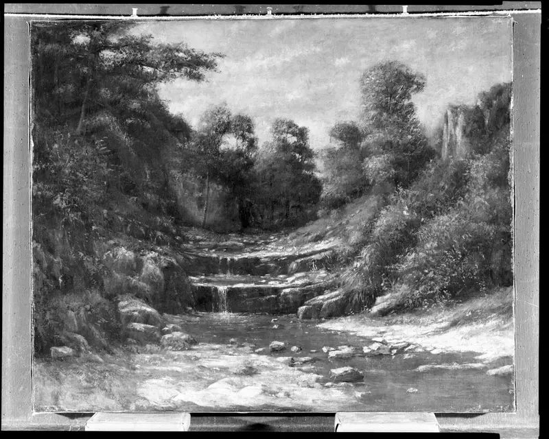 Waterfall in Franche-Comté by Cherubino Pata, oil on canvas depicting a waterfall over rocks.