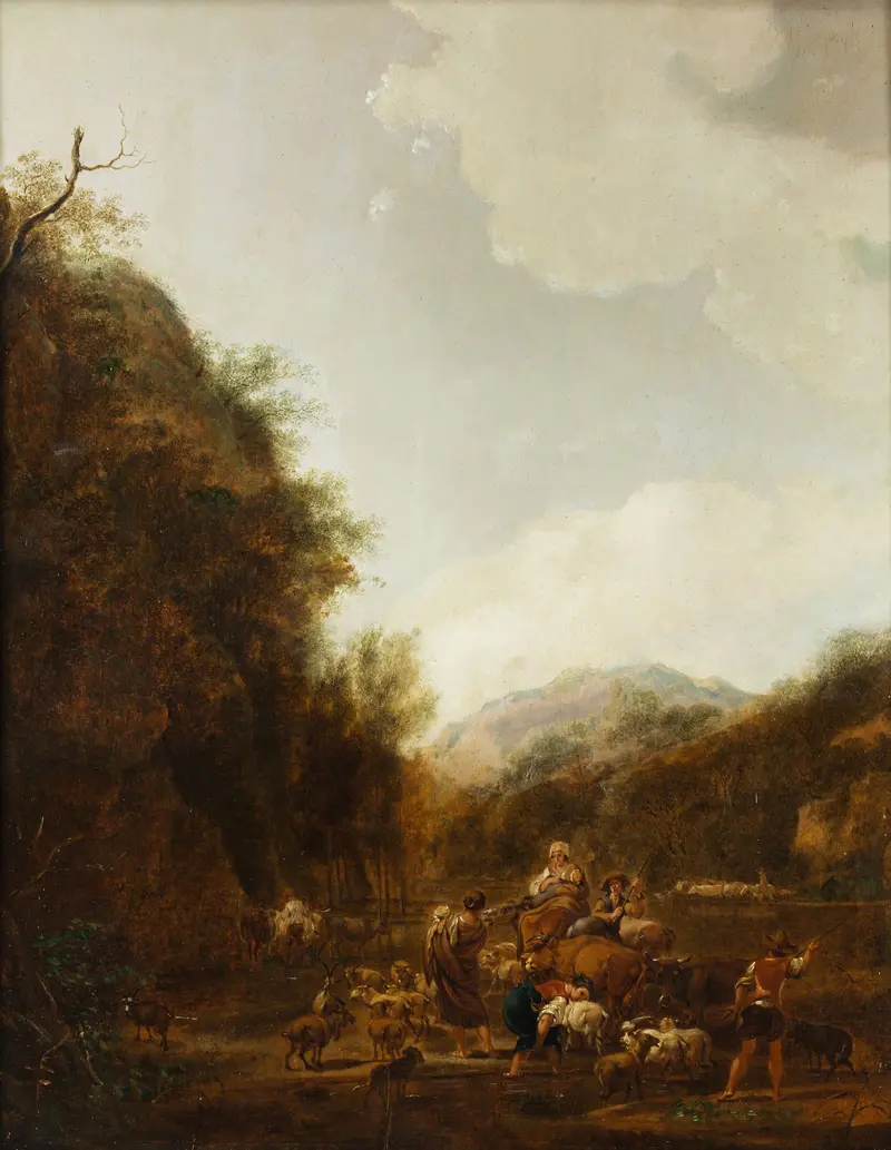 Landschaft mit Hirten und Vieh by Johann Christian Klenge, oil on canvas depicting herders and livestock in a lush landscape.